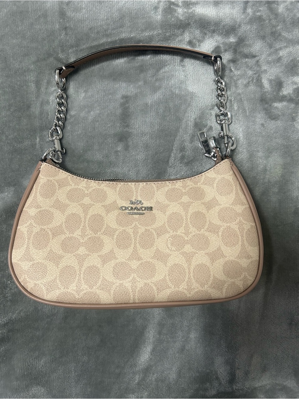 Coach Beige Signature Canvas Shoulder Bag with Chain Strap